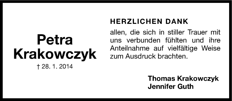  Traueranzeige für Petra Krakowczyk vom 08.02.2014 aus Gesamtausgabe Nürnberger Nachrichten/ Nürnberger Ztg.