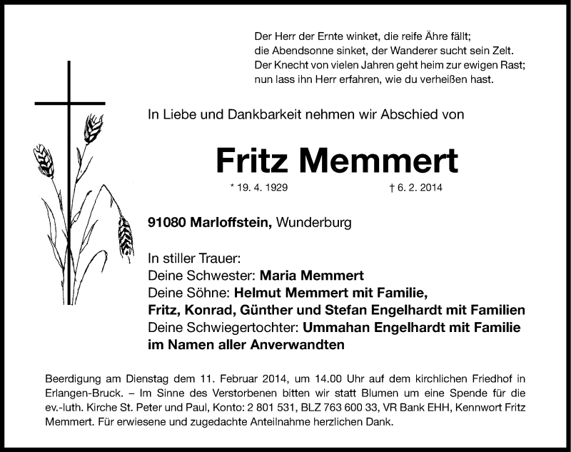 Traueranzeige für Fritz Memmert vom 07.02.2014 aus Erlanger Nachrichten Lokal