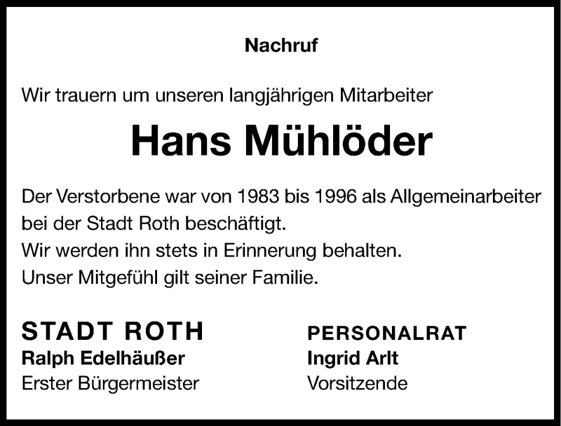  Traueranzeige für Hans Mühlöder vom 07.02.2014 aus Roth-Hilpoltsteiner Volkszeitung Lokal