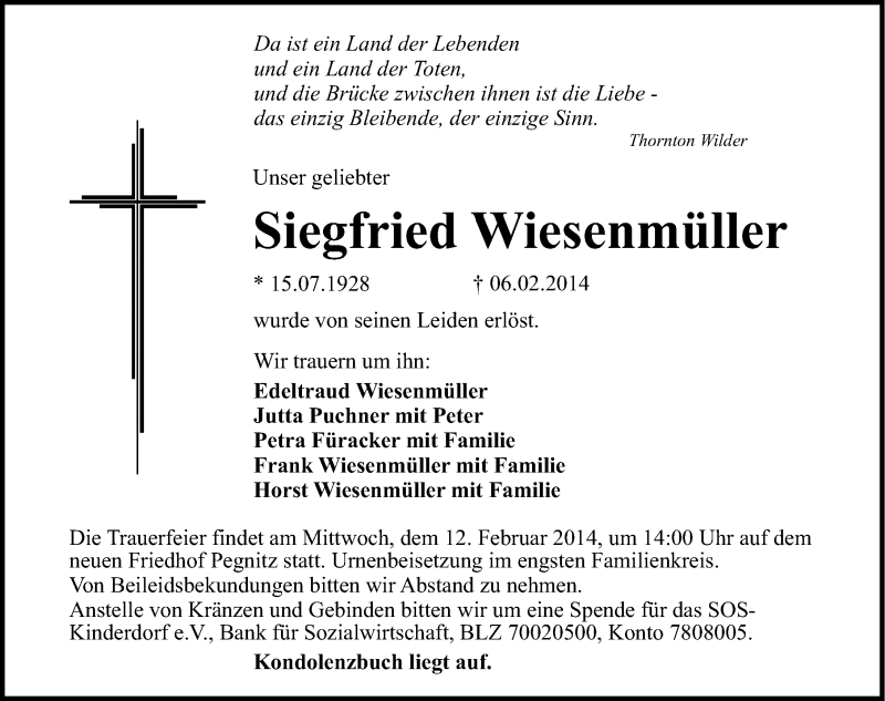  Traueranzeige für Siegfried Wiesenmüller vom 08.02.2014 aus Nordbayerische Nachrichten Pegnitz Lokal