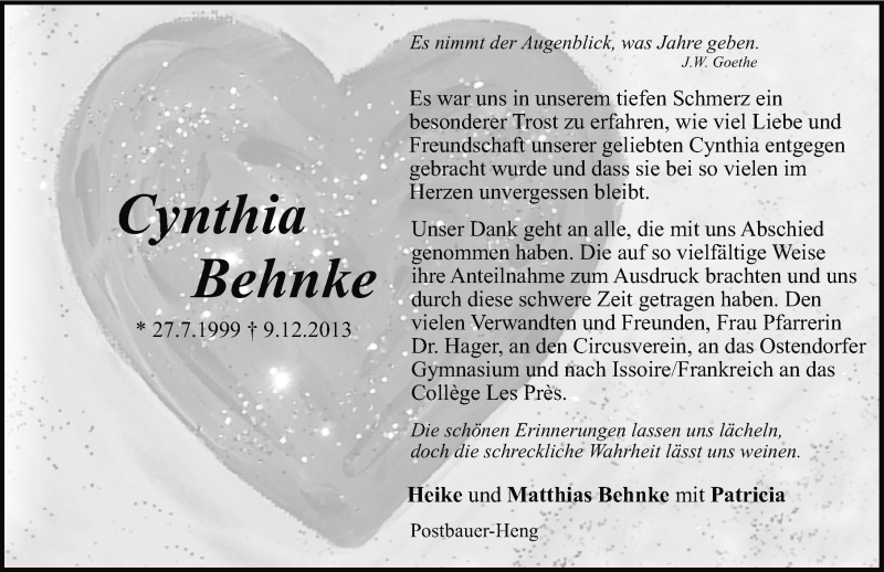  Traueranzeige für Cynthia Behnke vom 08.02.2014 aus Neumarkter Nachrichten Lokal