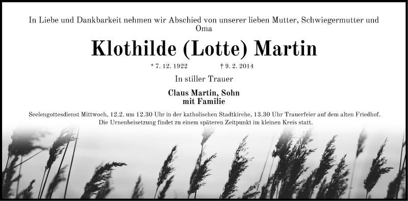  Traueranzeige für Klothilde Martin vom 11.02.2014 aus Altmühl-Bote Lokal