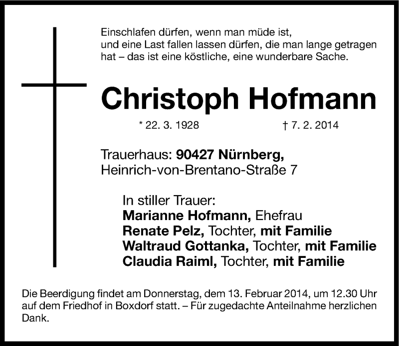  Traueranzeige für Christoph Hofmann vom 11.02.2014 aus Gesamtausgabe Nürnberger Nachrichten/ Nürnberger Ztg.