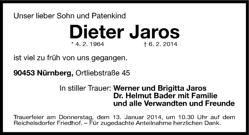  Traueranzeige für Dieter Jaros vom 11.02.2014 aus Gesamtausgabe Nürnberger Nachrichten/ Nürnberger Ztg.