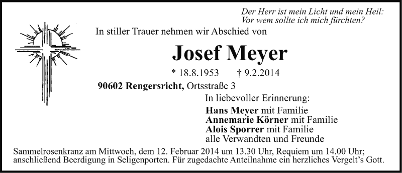  Traueranzeige für Josef Meyer vom 11.02.2014 aus Neumarkter Nachrichten Lokal