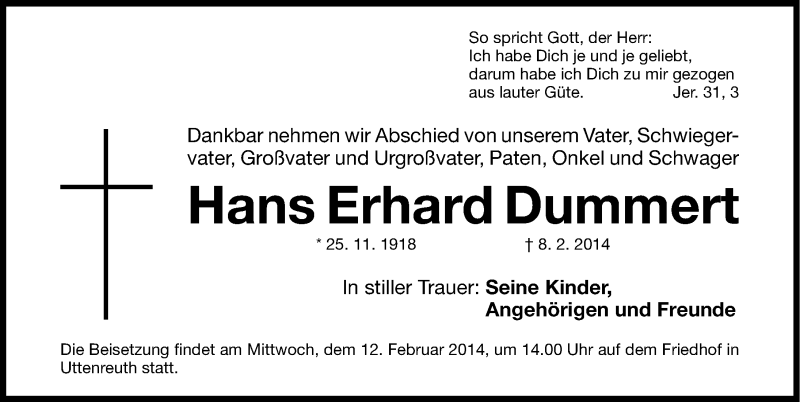  Traueranzeige für Hans Erhard Dummert  vom 11.02.2014 aus Erlanger Nachrichten Lokal