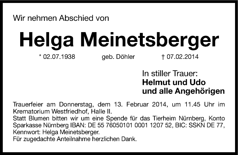  Traueranzeige für Helga Meinetsberger vom 11.02.2014 aus Gesamtausgabe Nürnberger Nachrichten/ Nürnberger Ztg.
