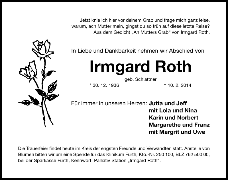  Traueranzeige für Irmgard Roth vom 12.02.2014 aus Gesamtausgabe Nürnberger Nachrichten/ Nürnberger Ztg.