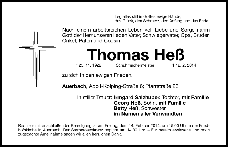  Traueranzeige für Thomas Heß vom 13.02.2014 aus Nordbayerische Nachrichten Pegnitz Lokal