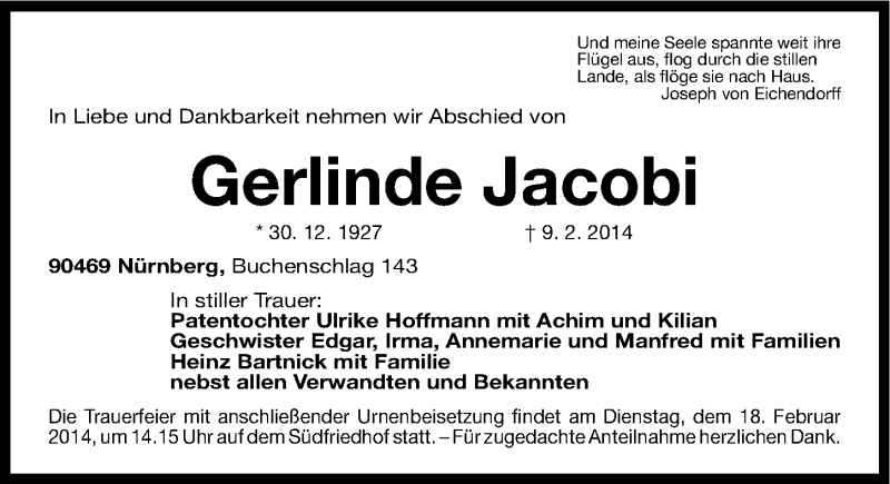  Traueranzeige für Gerlinde Jacobi vom 15.02.2014 aus Gesamtausgabe Nürnberger Nachrichten/ Nürnberger Ztg.