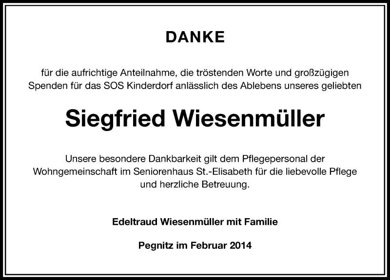  Traueranzeige für Siegfried Wiesenmüller vom 15.02.2014 aus Nordbayerische Nachrichten Pegnitz Lokal