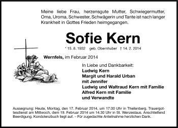 Traueranzeige von Sofie Kern von Roth-Hilpoltsteiner Volkszeitung Lokal
