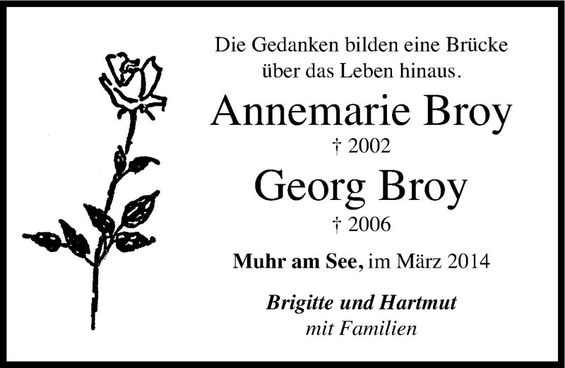  Traueranzeige für Annemarie und Georg Broy vom 15.03.2014 aus Altmühl-Bote Lokal