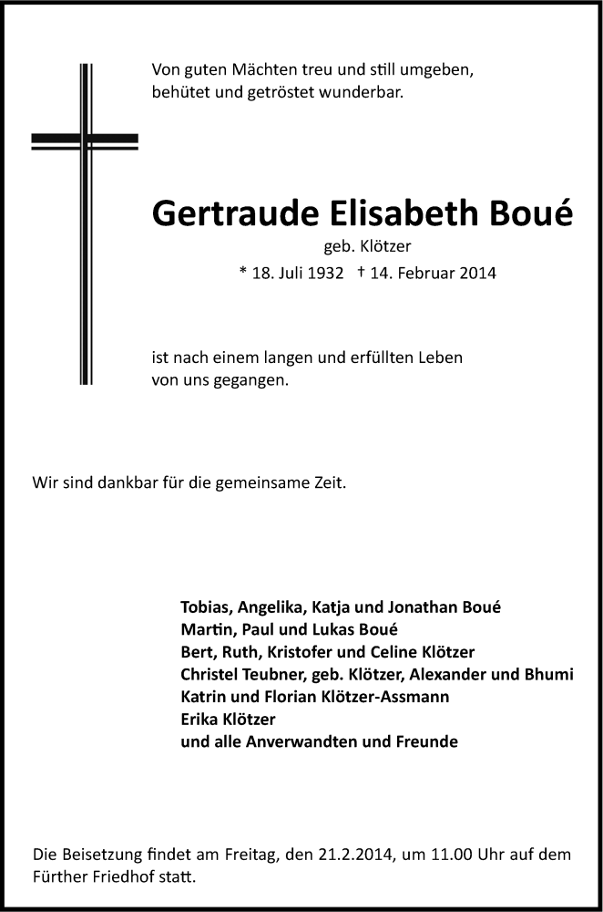 Traueranzeige für Gertraude Elisabeth Boué vom 18.02.2014 aus Fürther Nachrichten Lokal