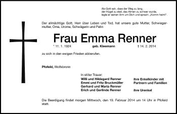 Traueranzeige von Emma Renner von Altmühl-Bote Lokal