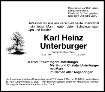 Traueranzeige von Karl Heinz Unterburger von Gesamtausgabe Nürnberger Nachrichten/ Nürnberger Ztg.