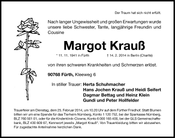 Traueranzeige von Margot Krauß von Fürther Nachrichten Lokal