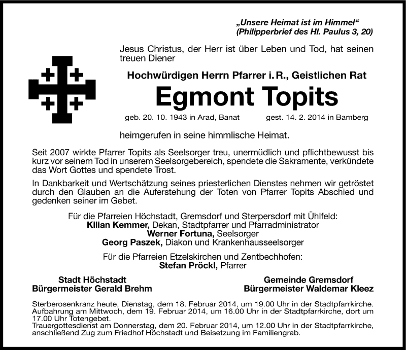  Traueranzeige für Egmont Topits vom 18.02.2014 aus Nordbayerische Nachrichten Herzogenaurach Lokal