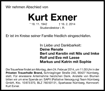 Traueranzeige von Kurt Exner von Gesamtausgabe Nürnberger Nachrichten/ Nürnberger Ztg.