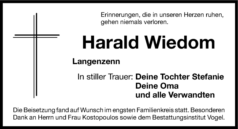  Traueranzeige für Harald Wiedom vom 22.02.2014 aus Fürther Nachrichten Lokal