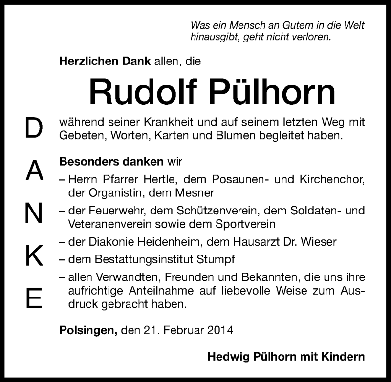  Traueranzeige für Rudolf Pülhorn vom 21.02.2014 aus Altmühl-Bote Lokal