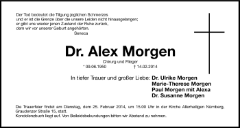 Traueranzeige von Alex Morgen von Gesamtausgabe Nürnberger Nachrichten/ Nürnberger Ztg.