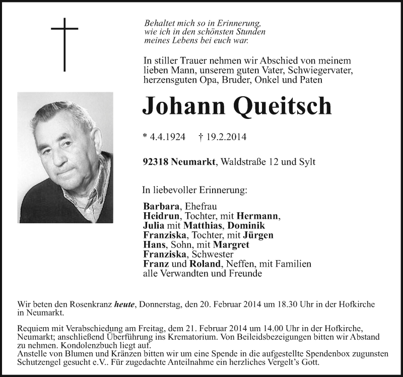  Traueranzeige für Johann Queitsch vom 20.02.2014 aus Neumarkter Nachrichten Lokal