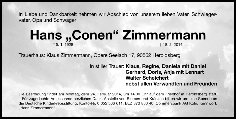  Traueranzeige für Hans Zimmermann vom 21.02.2014 aus Gesamtausgabe Nürnberger Nachrichten/ Nürnberger Ztg.