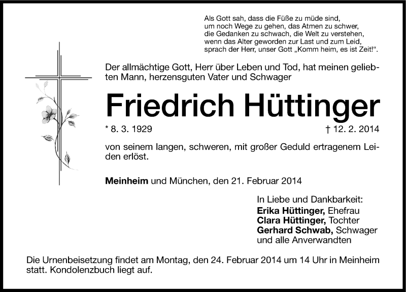  Traueranzeige für Friedrich Hüttinger vom 21.02.2014 aus Altmühl-Bote Lokal