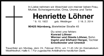 Traueranzeige von Henriette Löhner von Gesamtausgabe Nürnberger Nachrichten/ Nürnberger Ztg.