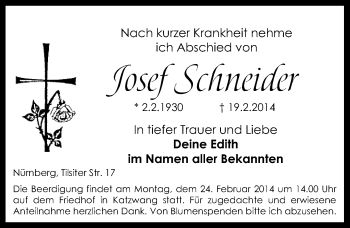 Traueranzeige von Josef Schneider von Gesamtausgabe Nürnberger Nachrichten/ Nürnberger Ztg.