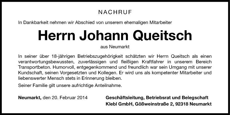  Traueranzeige für Johann Queitsch vom 21.02.2014 aus Neumarkter Nachrichten Lokal