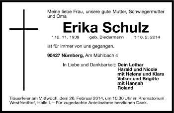 Traueranzeige von Erika Schulz von Gesamtausgabe Nürnberger Nachrichten/ Nürnberger Ztg.
