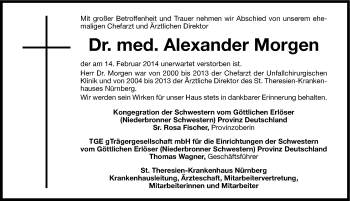 Traueranzeige von Alex Morgen von Gesamtausgabe Nürnberger Nachrichten/ Nürnberger Ztg.