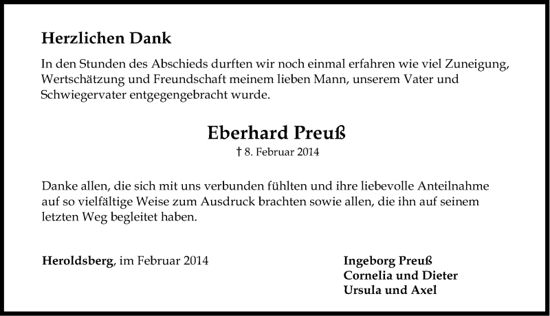  Traueranzeige für Eberhard Preuß vom 22.02.2014 aus Gesamtausgabe Nürnberger Nachrichten/ Nürnberger Ztg.