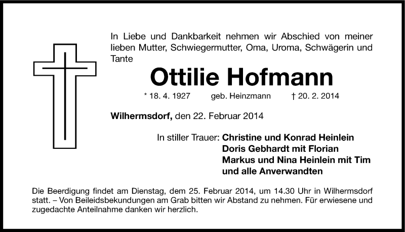  Traueranzeige für Ottilie Hofmann vom 22.02.2014 aus Fürther Nachrichten Lokal