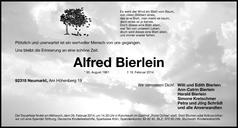  Traueranzeige für Alfred Bierlein vom 22.02.2014 aus Gesamtausgabe Nürnberger Nachrichten/ Nürnberger Ztg.