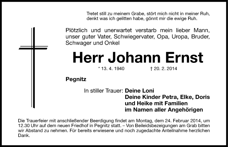  Traueranzeige für Johann Ernst vom 22.02.2014 aus Nordbayerische Nachrichten Pegnitz Lokal