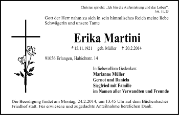 Traueranzeige von Erika Martini von Erlanger Nachrichten Lokal