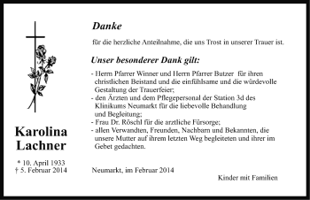 Traueranzeige von Karolina Lachner von Neumarkter Nachrichten Lokal