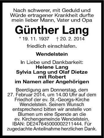 Traueranzeige von Günther Lang von Gesamtausgabe Nürnberger Nachrichten/ Nürnberger Ztg.