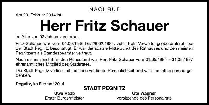  Traueranzeige für Fritz Schauer vom 22.02.2014 aus Nordbayerische Nachrichten Pegnitz Lokal