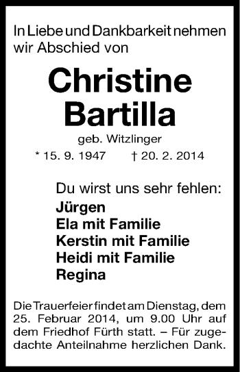 Traueranzeige von Christine Bartilla von Fürther Nachrichten Lokal