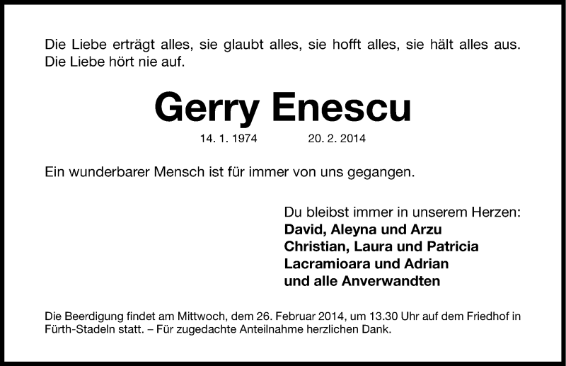  Traueranzeige für Gerry Enescu vom 24.02.2014 aus Gesamtausgabe Nürnberger Nachrichten/ Nürnberger Ztg.