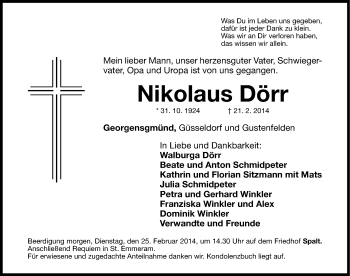 Traueranzeige von Nikolaus Dörr von Roth-Hilpoltsteiner Volkszeitung Lokal
