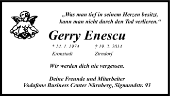 Traueranzeige von Gerry Enescu von Gesamtausgabe Nürnberger Nachrichten/ Nürnberger Ztg.