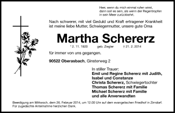 Traueranzeige von Martha Schererz von Fürther Nachrichten Lokal