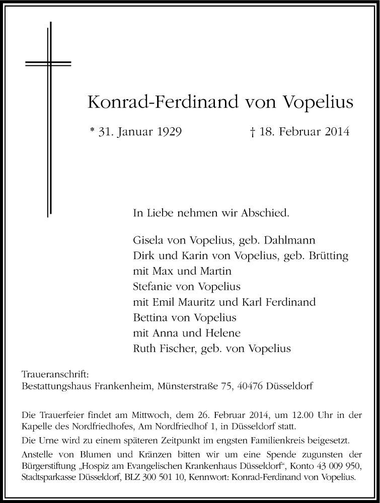  Traueranzeige für Konrad-Ferdinand von Vopelius vom 25.02.2014 aus Gesamtausgabe Nürnberger Nachrichten/ Nürnberger Ztg.