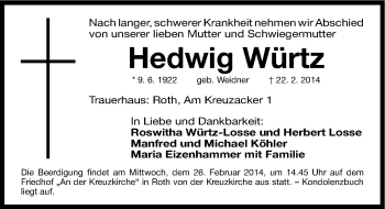 Traueranzeige von Hedwig Würtz von Roth-Hilpoltsteiner Volkszeitung Lokal
