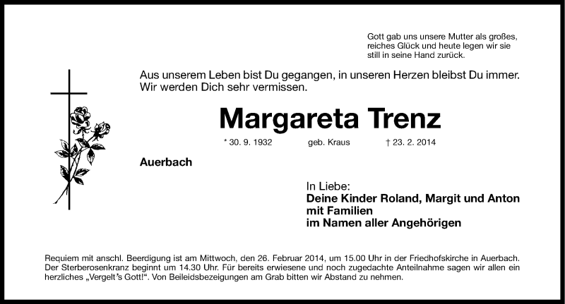  Traueranzeige für Margareta Trenz vom 25.02.2014 aus Nordbayerische Nachrichten Pegnitz Lokal